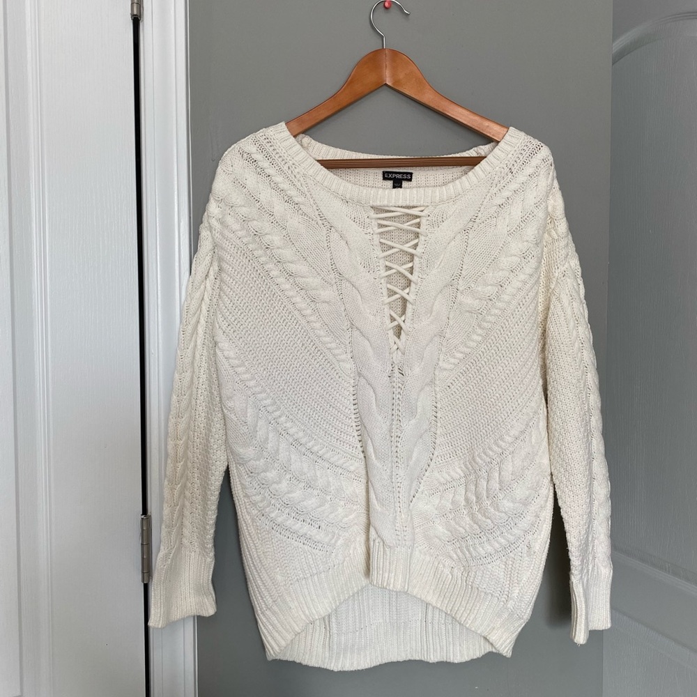 Express White Knitted Sweater with Crisscross Front